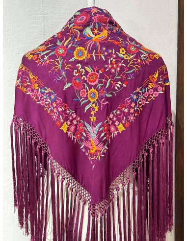 Mantón ciruela oscuro pajaritos