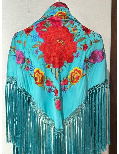 Mantón azul turquesa flor grande
