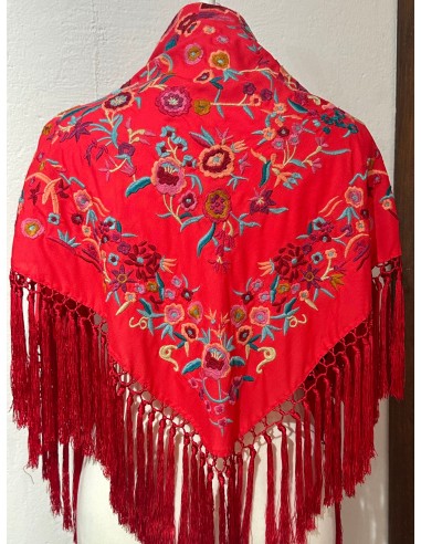 Mantón florecitas en rojo coral